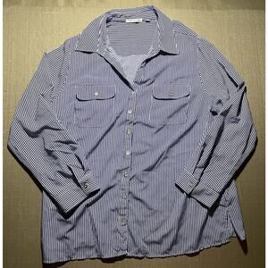 Notations Women’s 2X Button Up Blouse Blue White Striped Pockets Silver